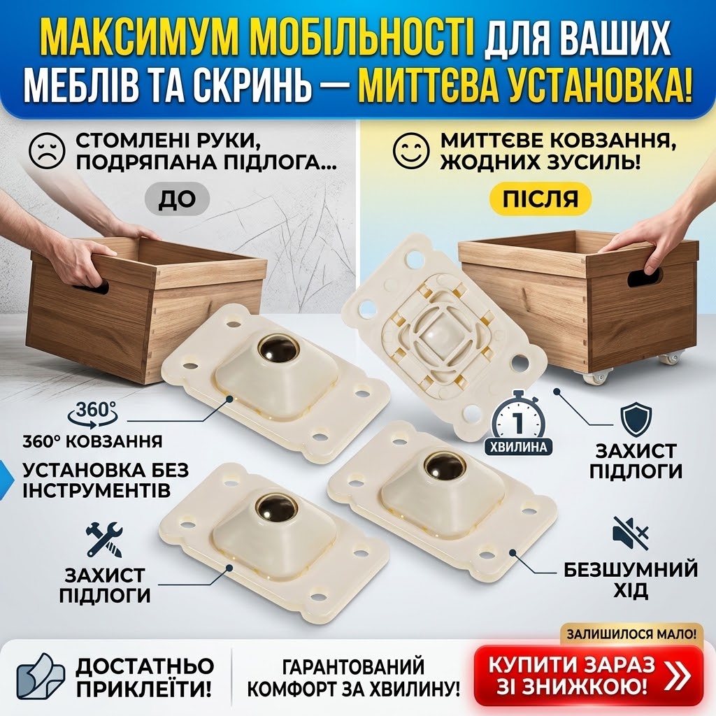 Універсальні самоклейні колеса-ролики для меблів 360°