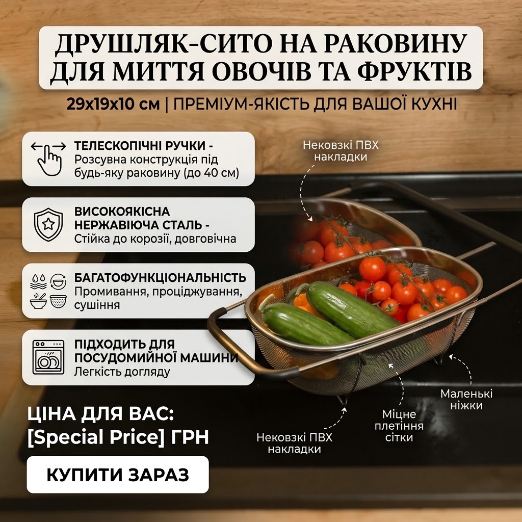 Друшляк-сито на раковину розсувний з нержавіючої сталі