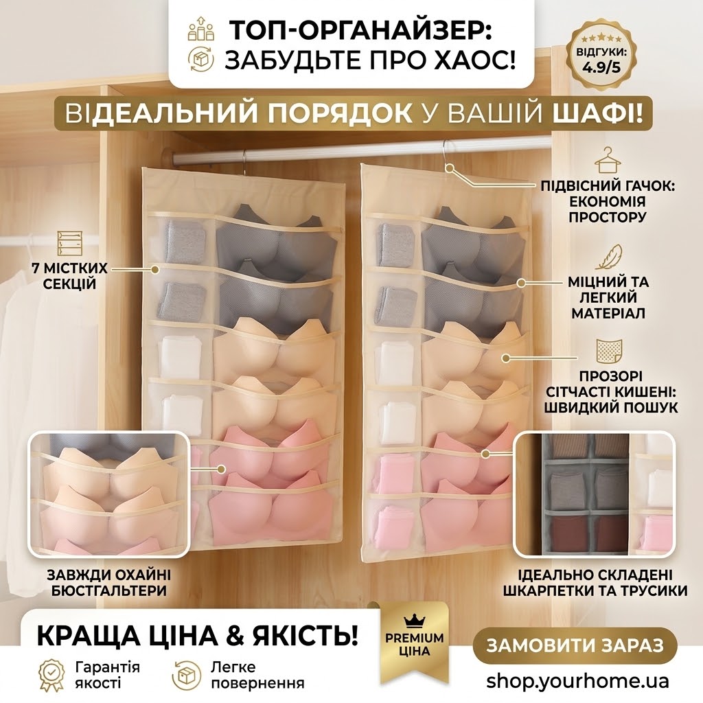 Підвісний органайзер для білизни на 7 секцій з гачком