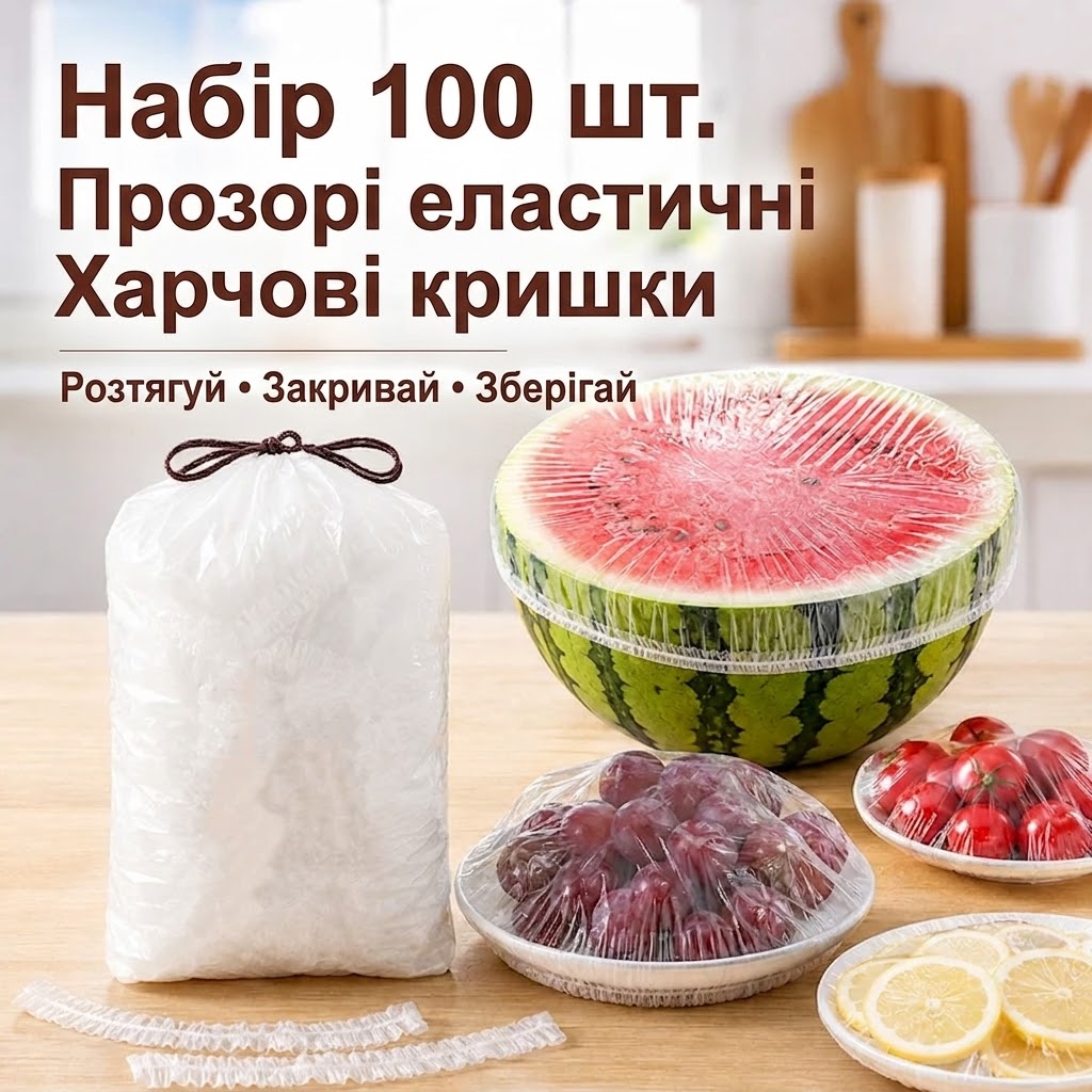 Еластичні чудо-кришки для їжі (100 шт.) — Прозорі багаторазові чохли на резинці для зберіганні свіжості