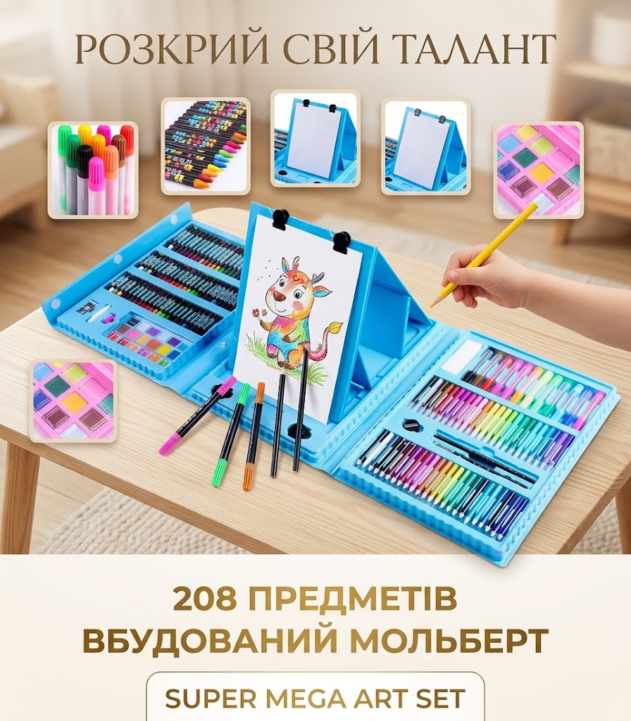 ВЕЛИКИЙ ДИТЯЧИЙ НАБІР ДЛЯ ТВОРЧОСТІ З МОЛЬБЕРТОМ 208 ПРЕДМЕТІВ