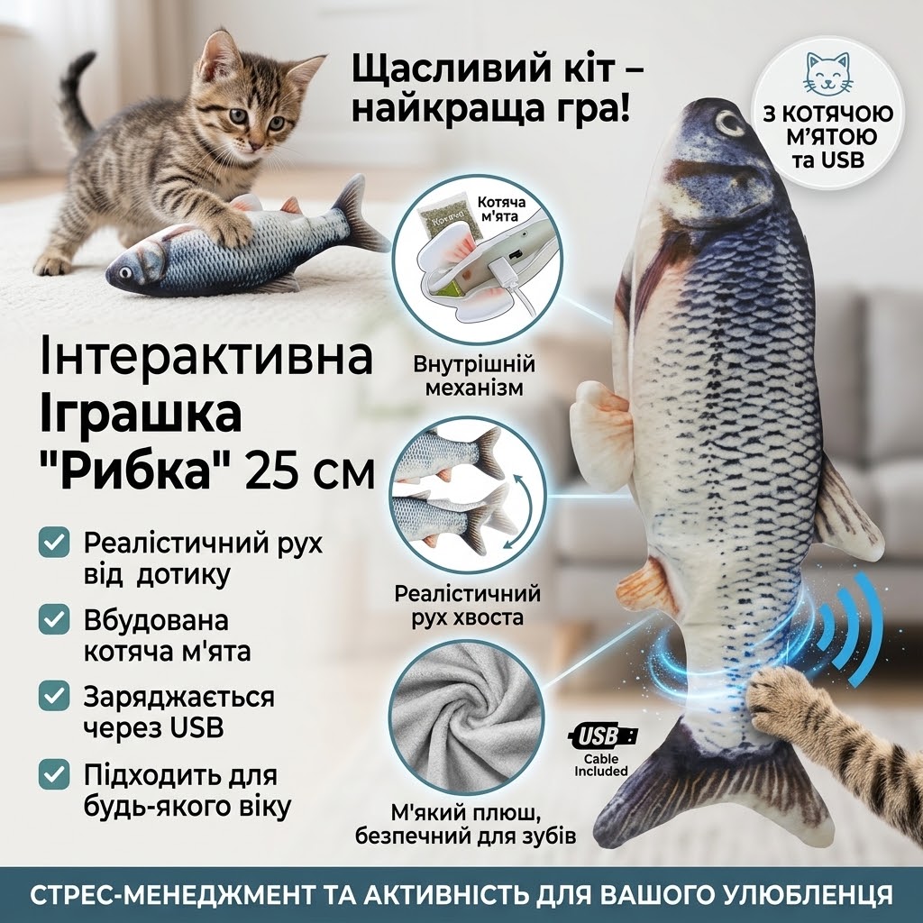 "Жива рибка" з котячою м'ятою, акумулятором USB та сенсором руху