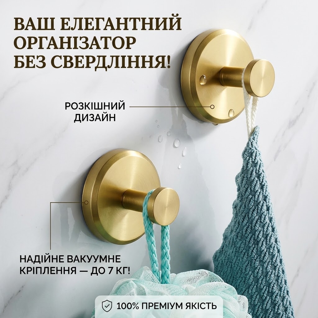 Вакуумний гачок на присосці матове золото 